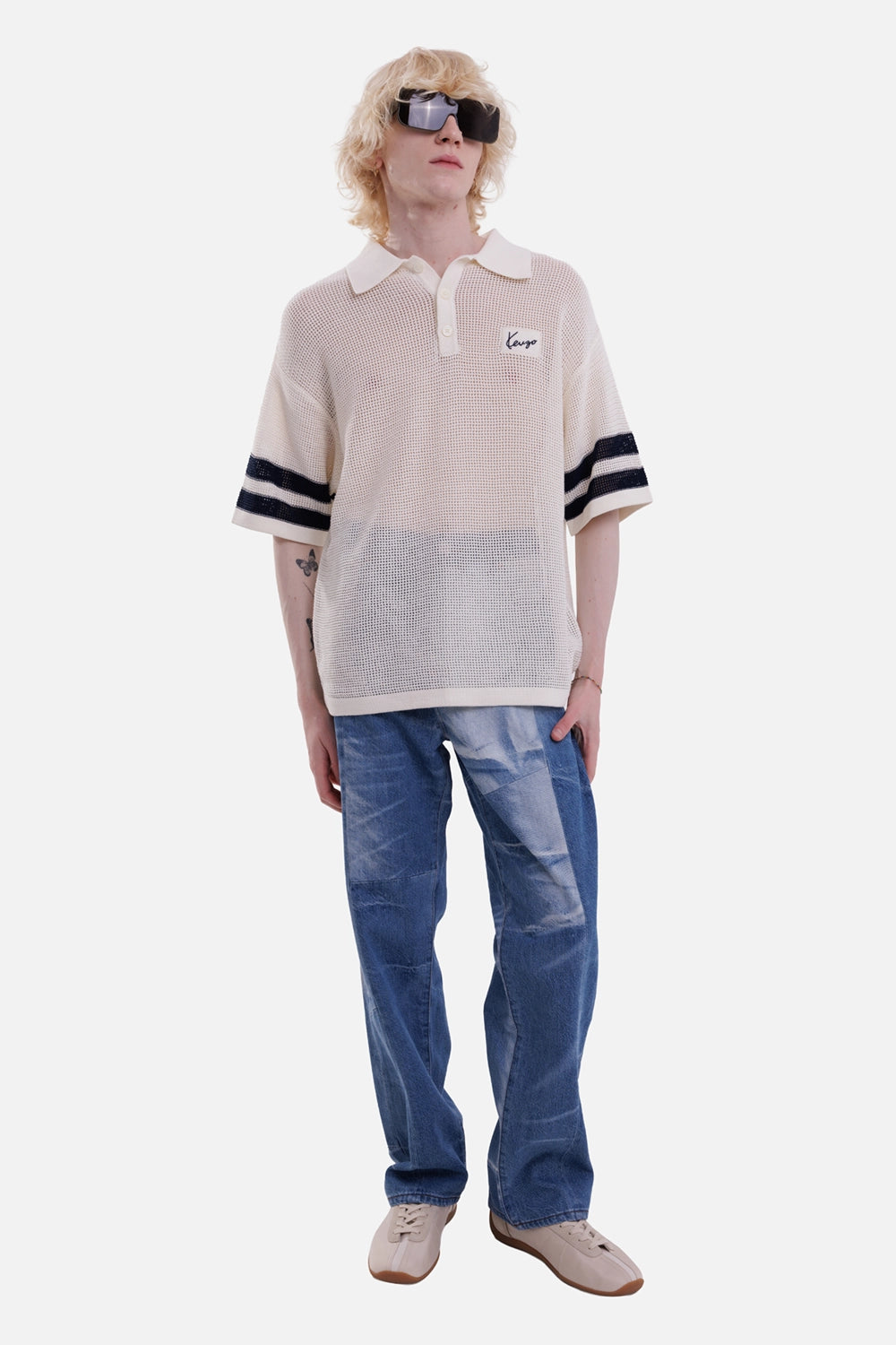 KENZO men's crochet polo in Off White, full-length view with open mesh knit, navy sleeve stripes and chest logo