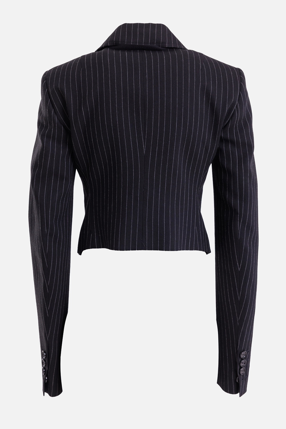 Ann Demeulemeester women's cropped blazer in black and grey, back view with fitted waist and buttoned cuffs