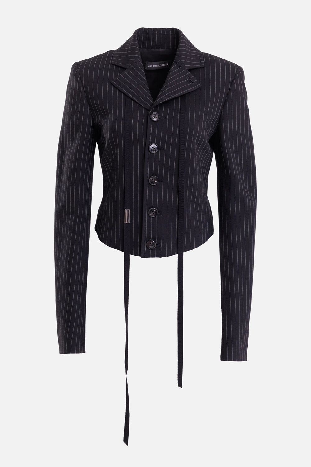 Ann Demeulemeester women's cropped blazer in black and grey, front view with notched lapels and long ribbon ties