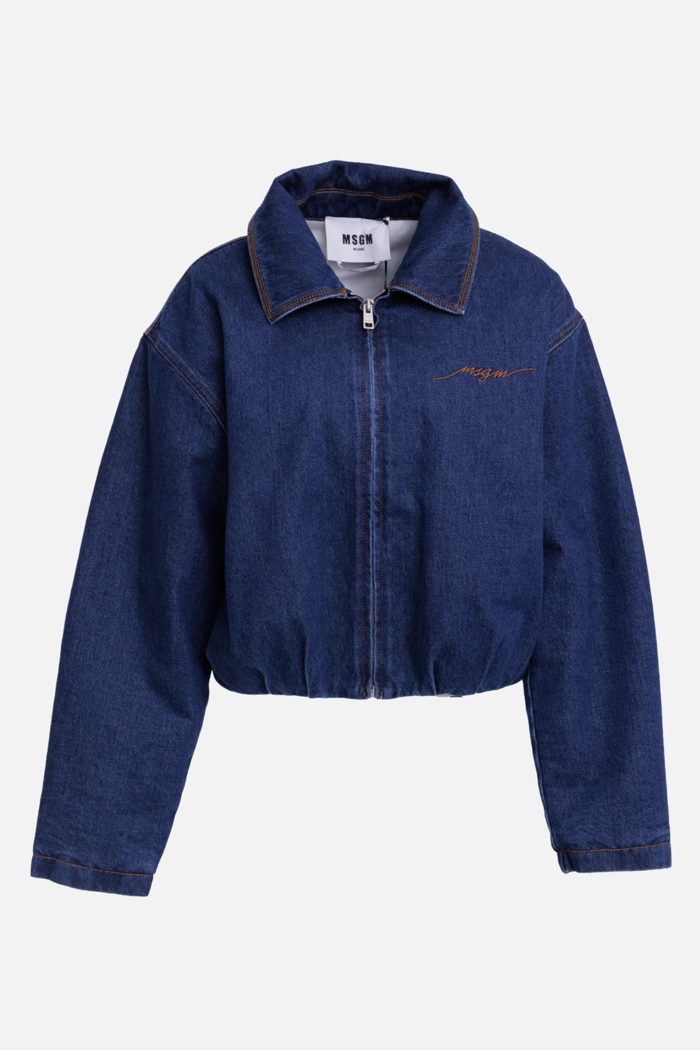 MSGM women's denim bomber jacket in dark blue, front view with zip closure and embroidered chest logo