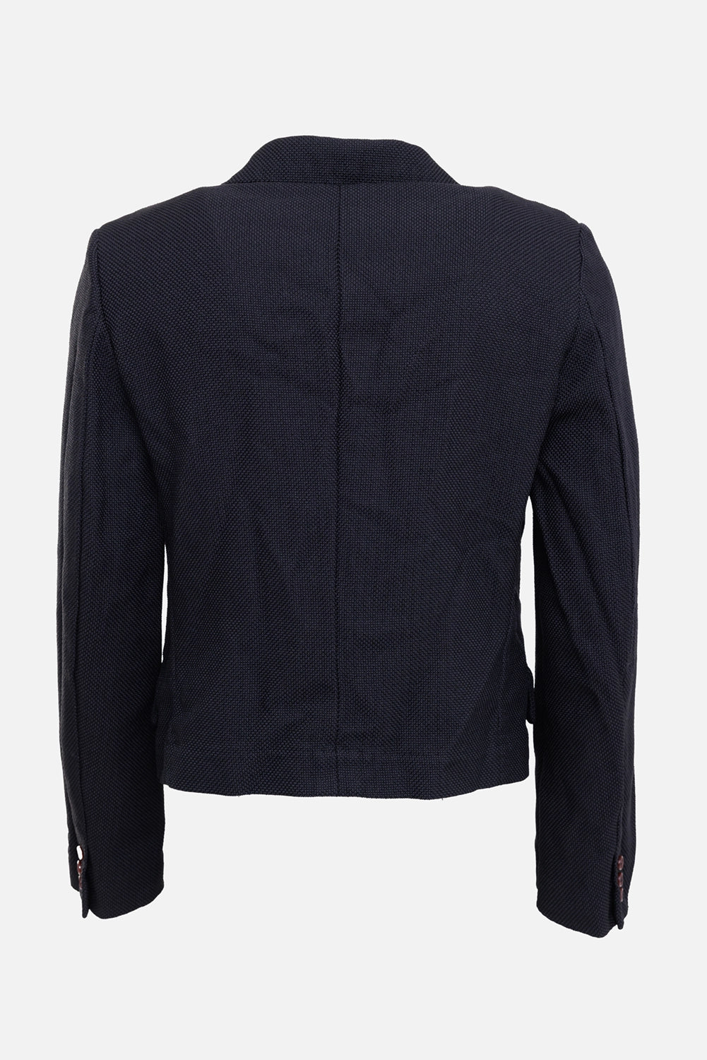 Comme des Garçons men's blazer in black, back view, center seam, cropped hem and buttoned cuffs