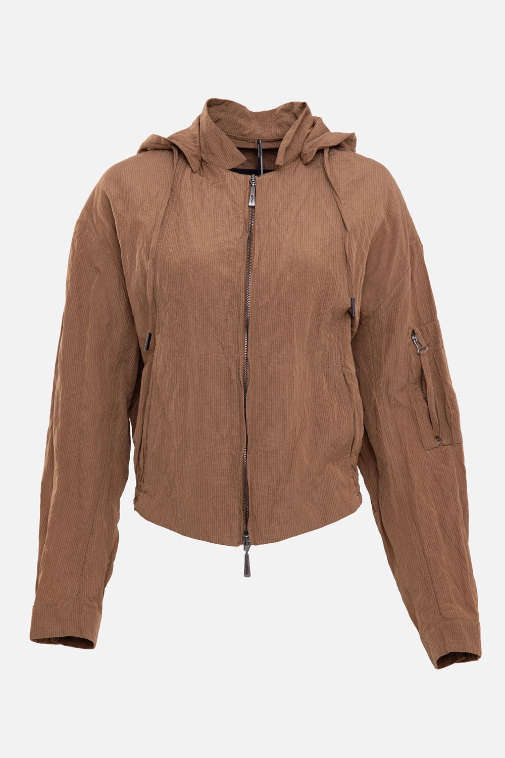 Masnada women's hooded jacket in copper, front view, two-way zip and sleeve pocket