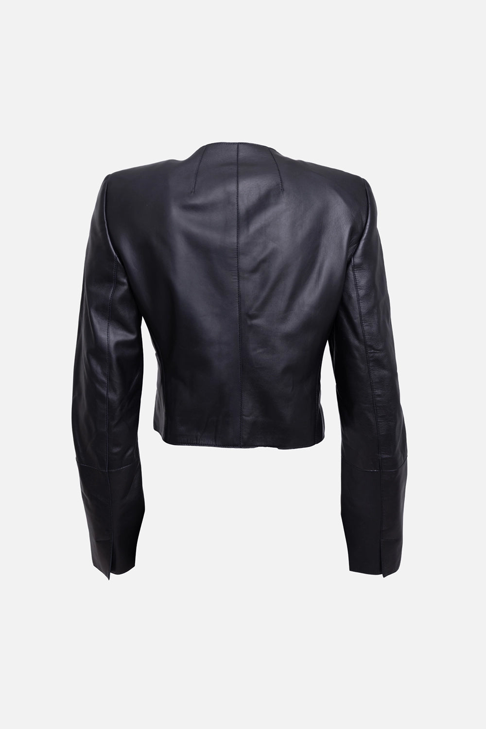 Pre-owned Akris women's cropped leather jacket in black, back view, center back seam and cropped hem
