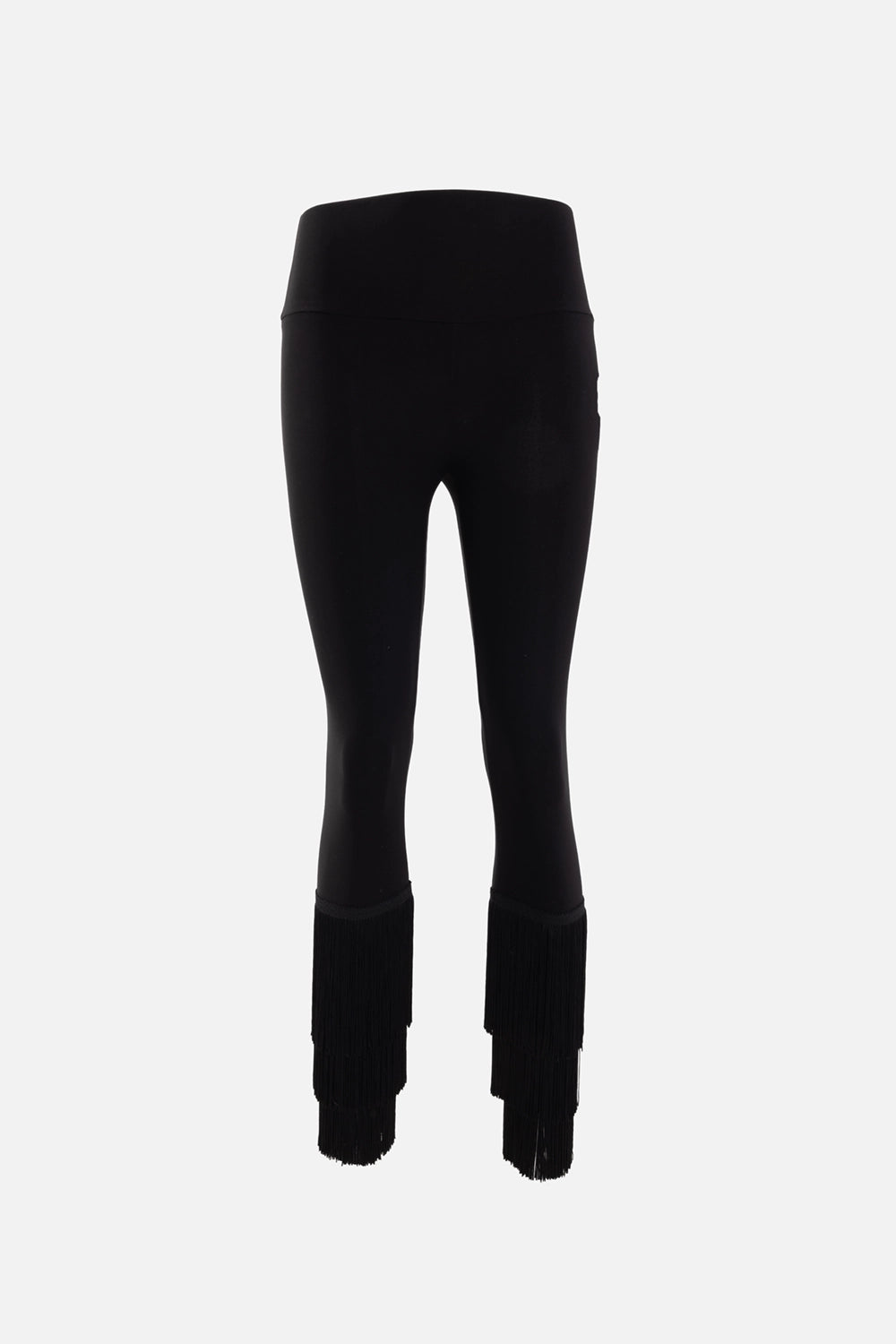 Norma Kamali women's cropped leggings in black, front view, high-rise waistband with tiered fringe cuffs