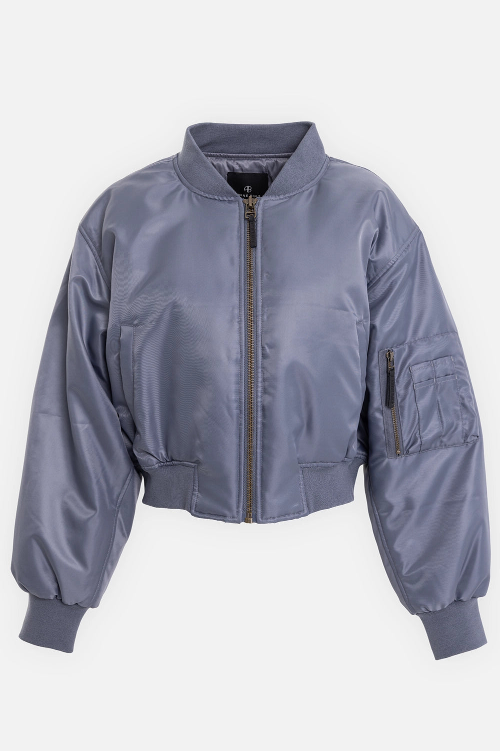 ANINE BING women’s cropped bomber in dark grey, front view, metal zip and utility sleeve pocket