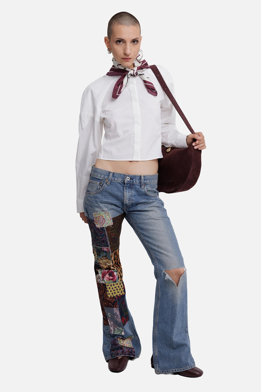 Helmut Lang women's white cropped shirt, full-length model view with structured sleeves and band collar