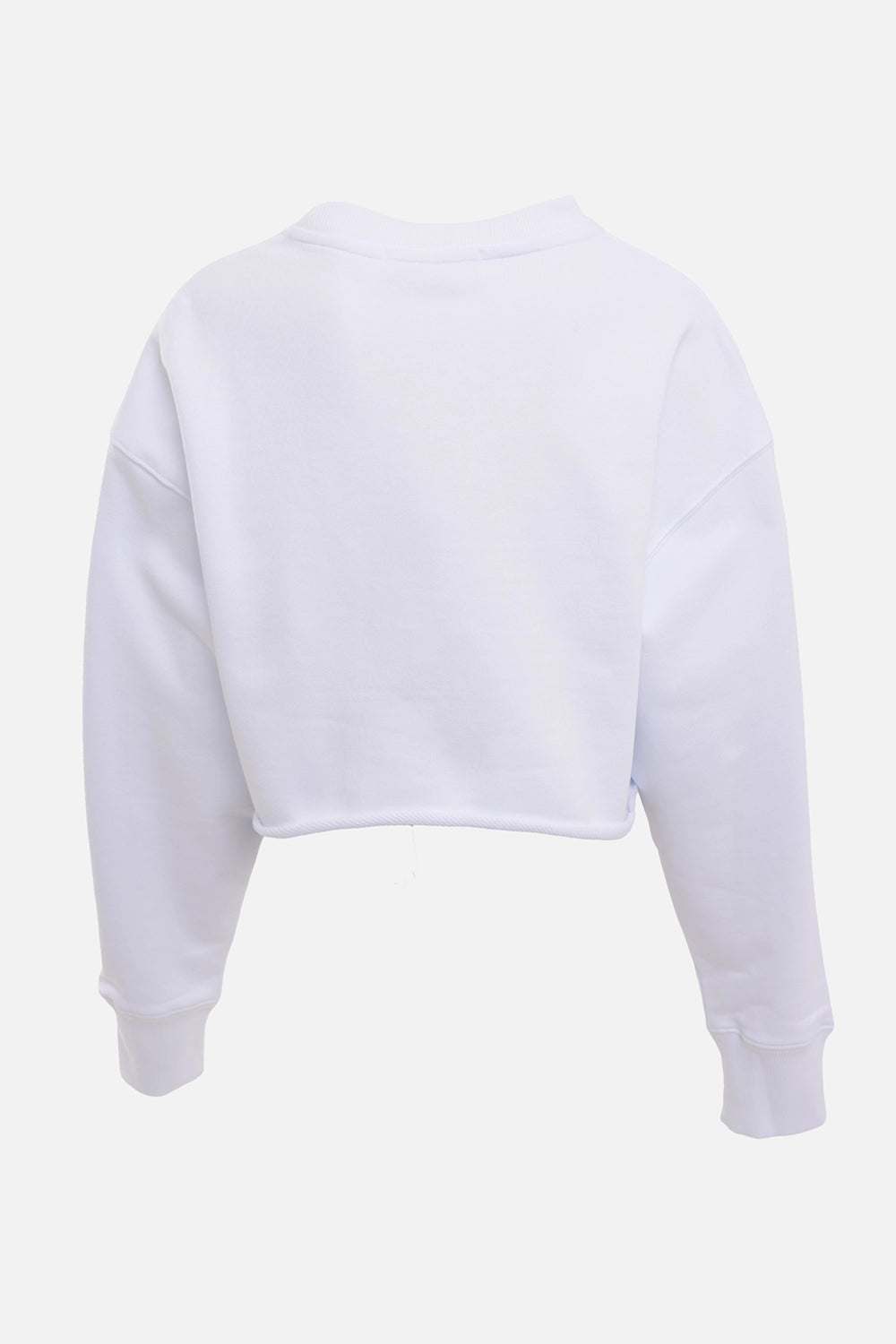 MSGM women's cropped sweatshirt in white, back view, plain cropped back with rib cuffs and drop shoulders