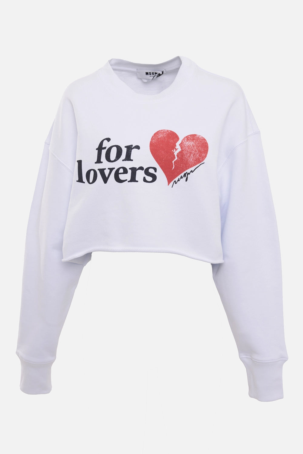 MSGM women's cropped sweatshirt in white, front view, red broken heart print and raw rolled hem