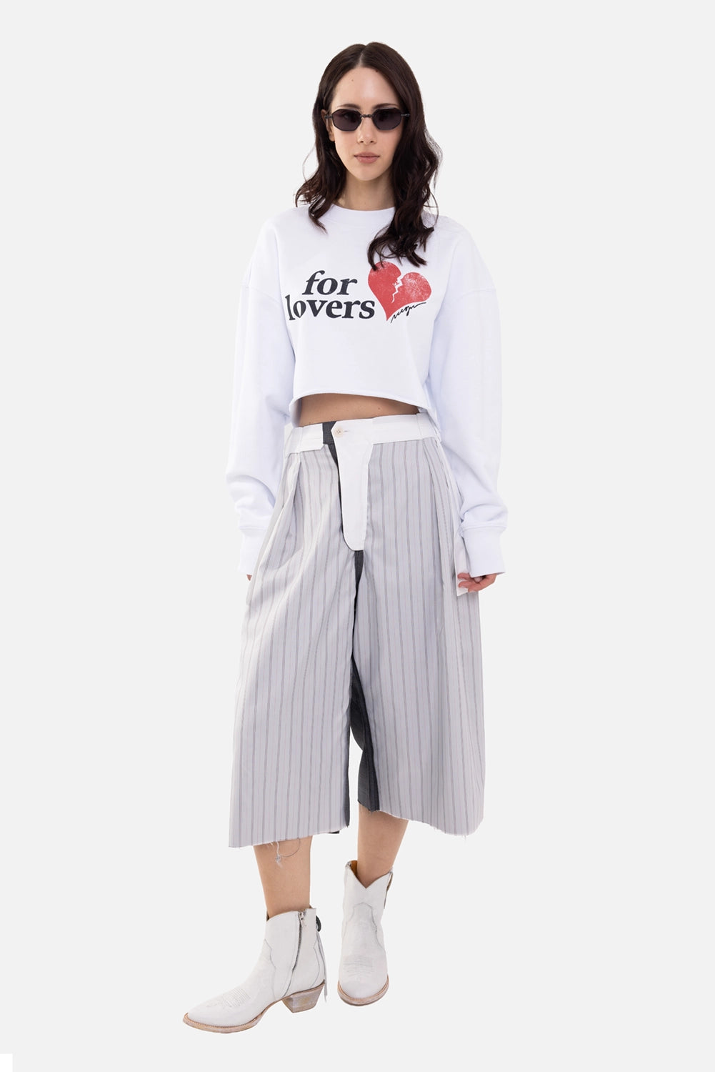 MSGM women's cropped sweatshirt in white, on-model full length, For Lovers heart graphic and dropped shoulders