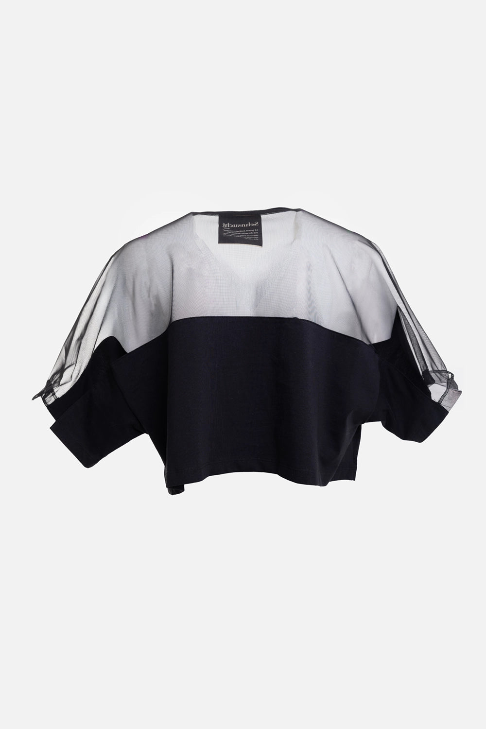 Sehnsucht Atelier women's cropped T-shirt in black, back view, sheer back yoke and wide short sleeves
