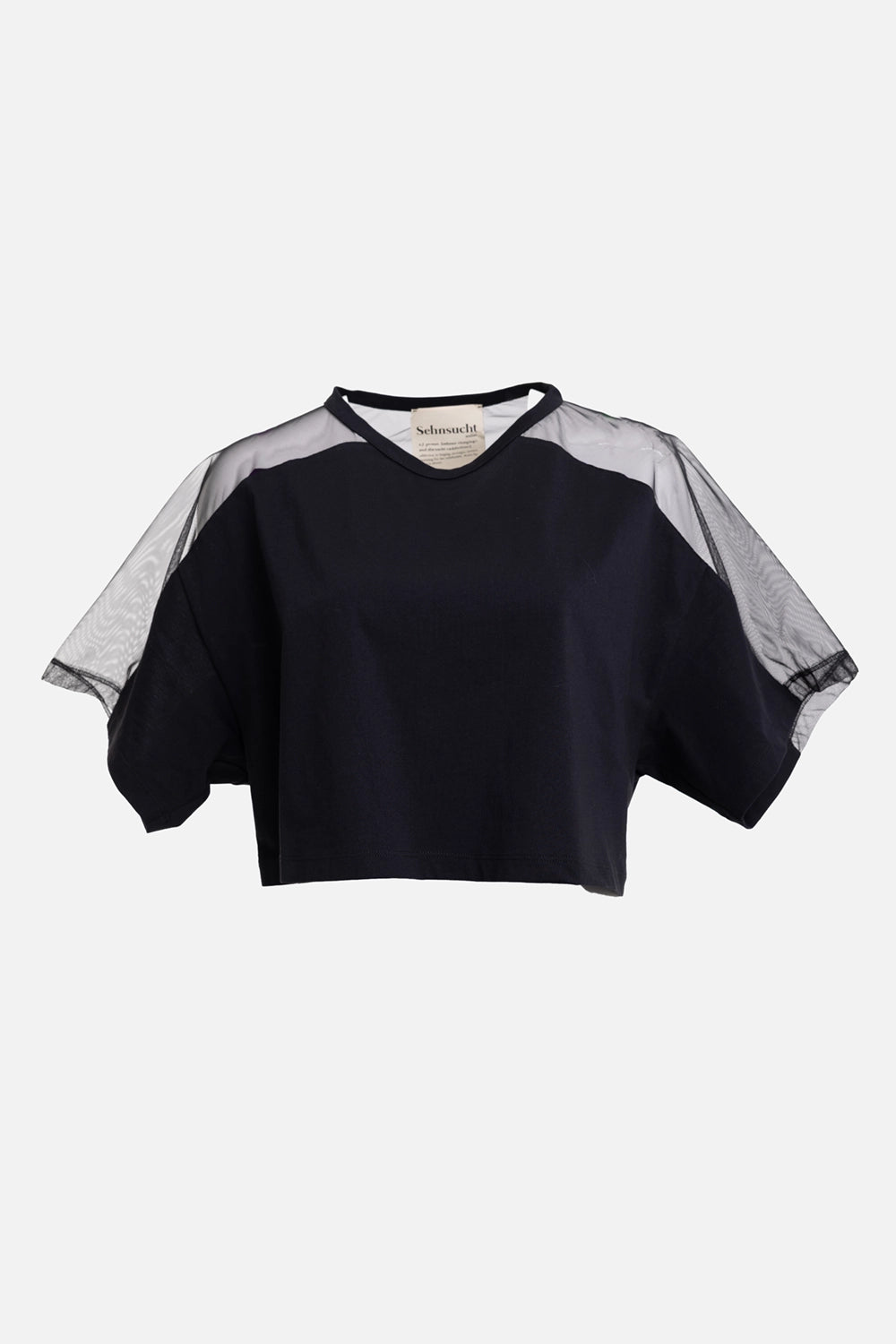Sehnsucht Atelier women's cropped T-shirt in black, front view, sheer shoulder panels and wide short sleeves
