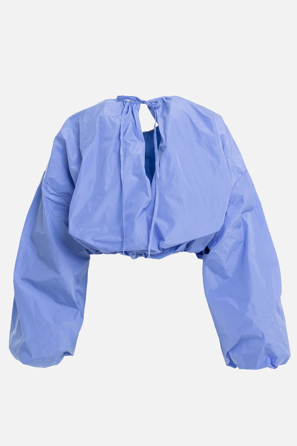MSGM women's cropped taffeta blouse in Light Blue, back view, keyhole tie closure and puffed sleeves