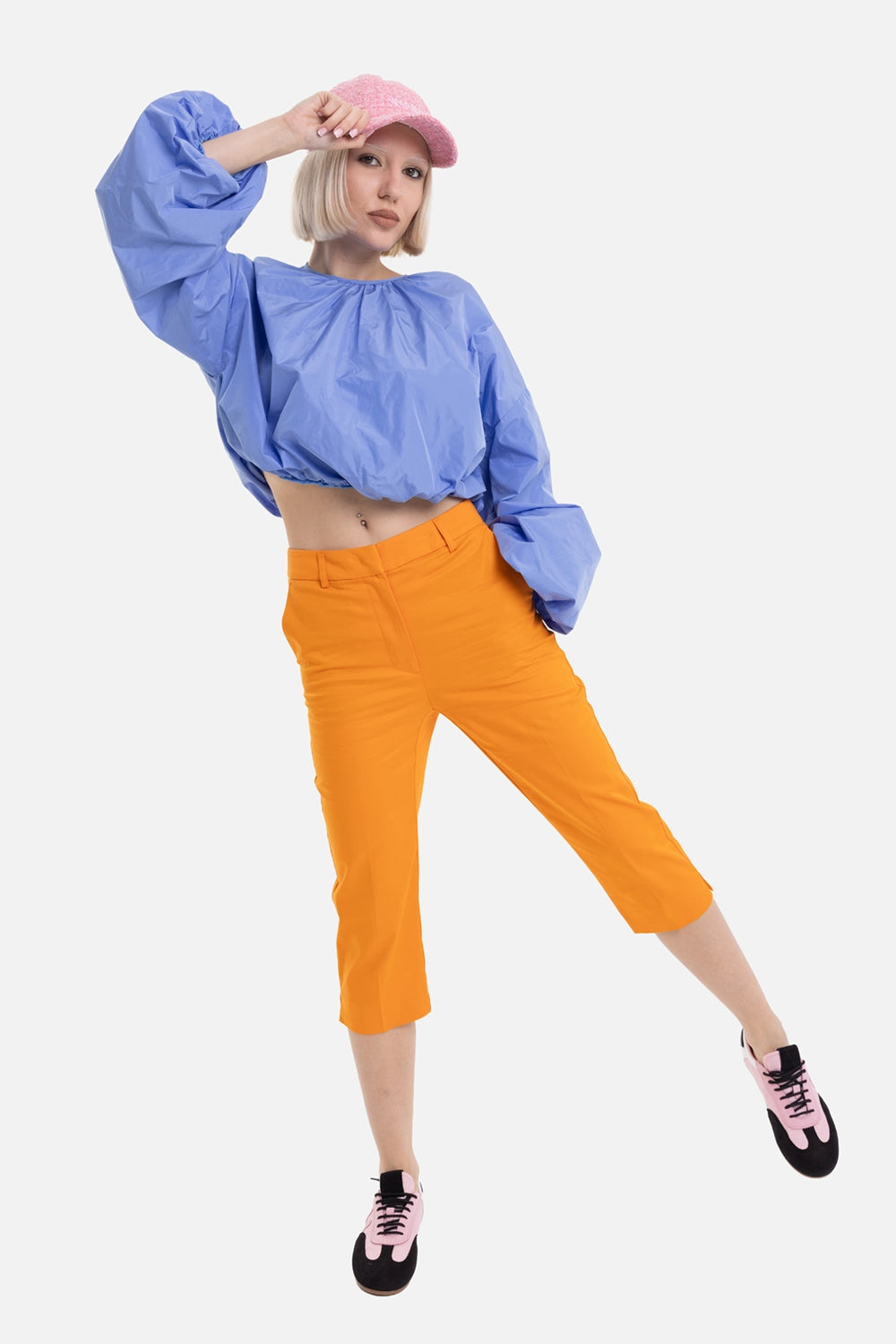 MSGM women's cropped taffeta blouse in Light Blue, on-model full-length view, balloon sleeves and cropped hem
