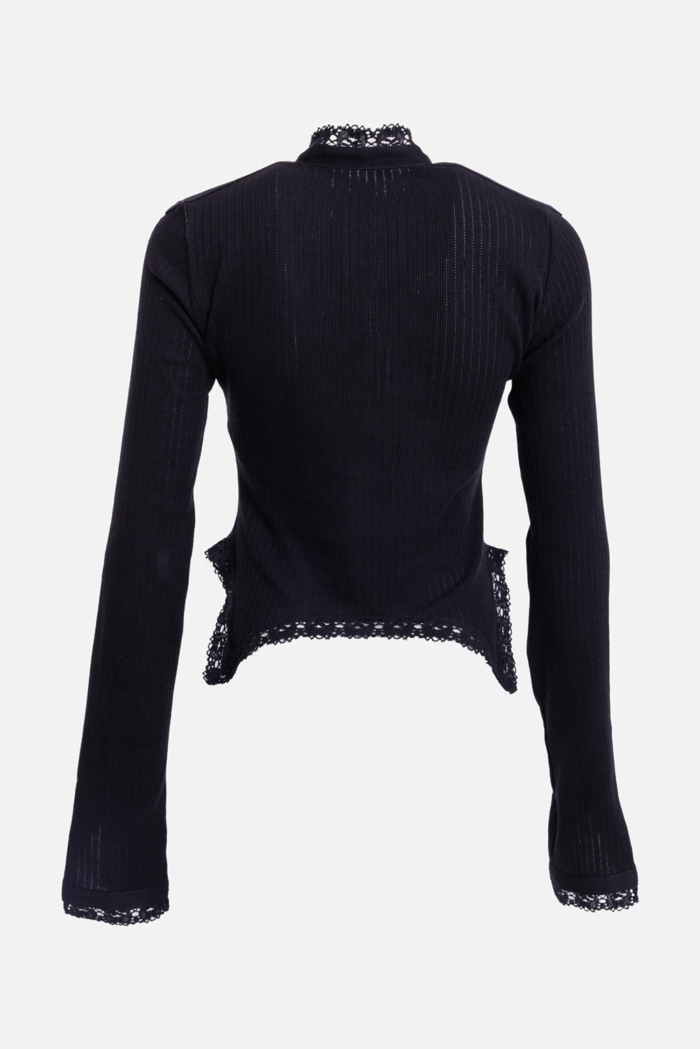 Ann Demeulemeester women's cropped top in black, back view with pointelle rib texture and lace-trimmed hem