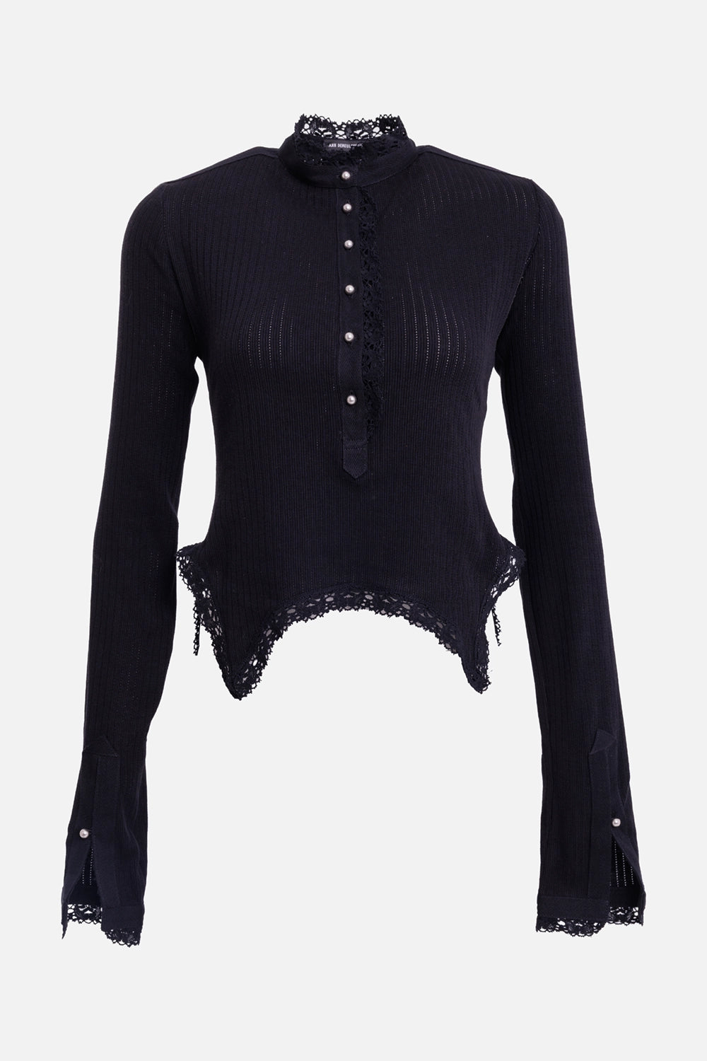 Ann Demeulemeester women's cropped top in black, front view with lace stand collar and pearl-tone buttons