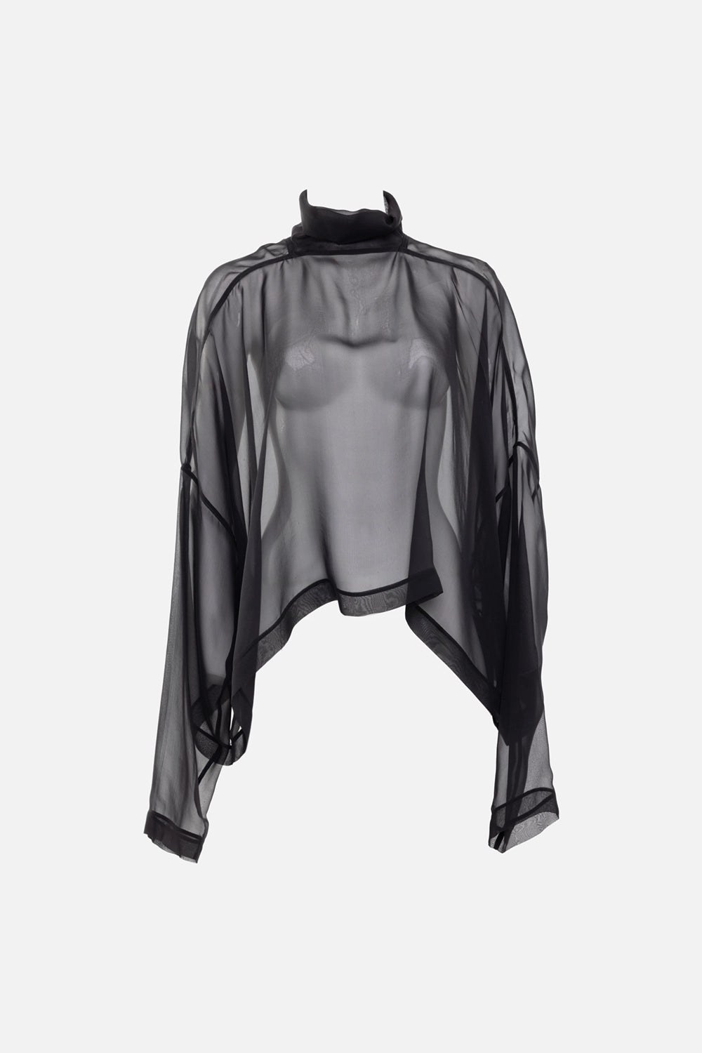 Rick Owens women’s cropped top in black, front view, mock neck with long loose sleeves and translucent fabric