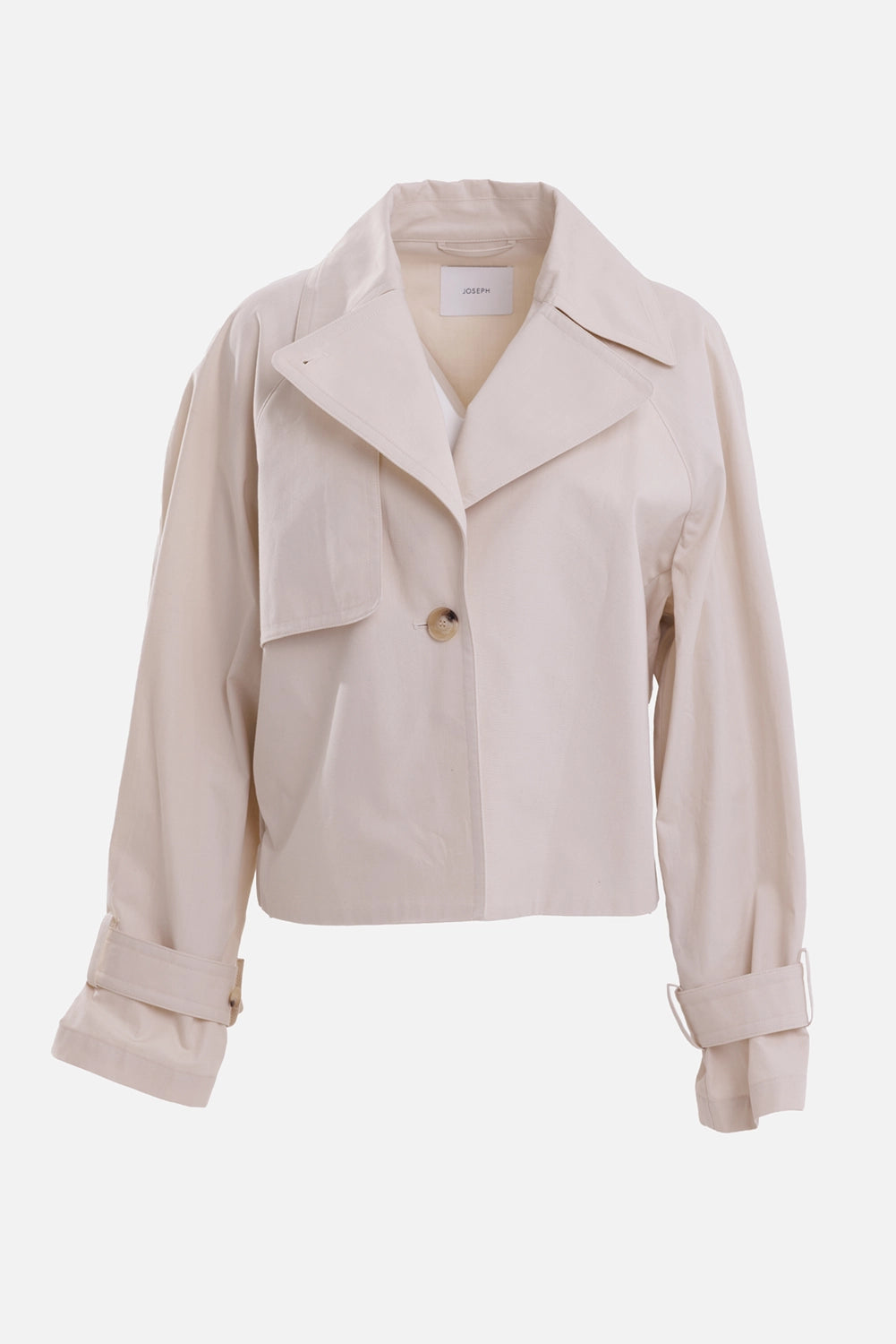 Joseph women's cropped trench jacket in Sandstone, front view with storm flap, single button and wide lapels