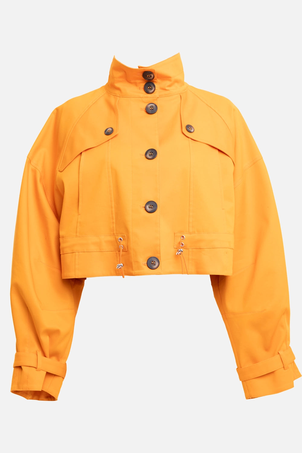 DES PHEMMES women's cropped trenchcoat in tangerine, front view, oversized buttons and cuff tabs