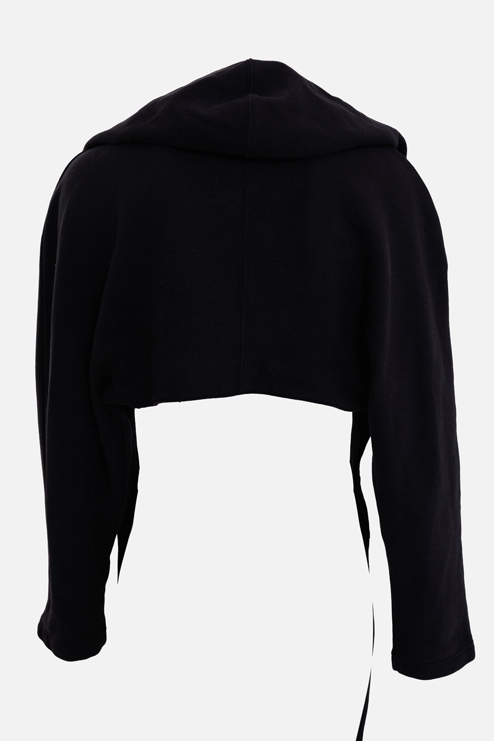 Alaïa women's cropped wraparound hoodie in black, back view, cropped hem and raised hood