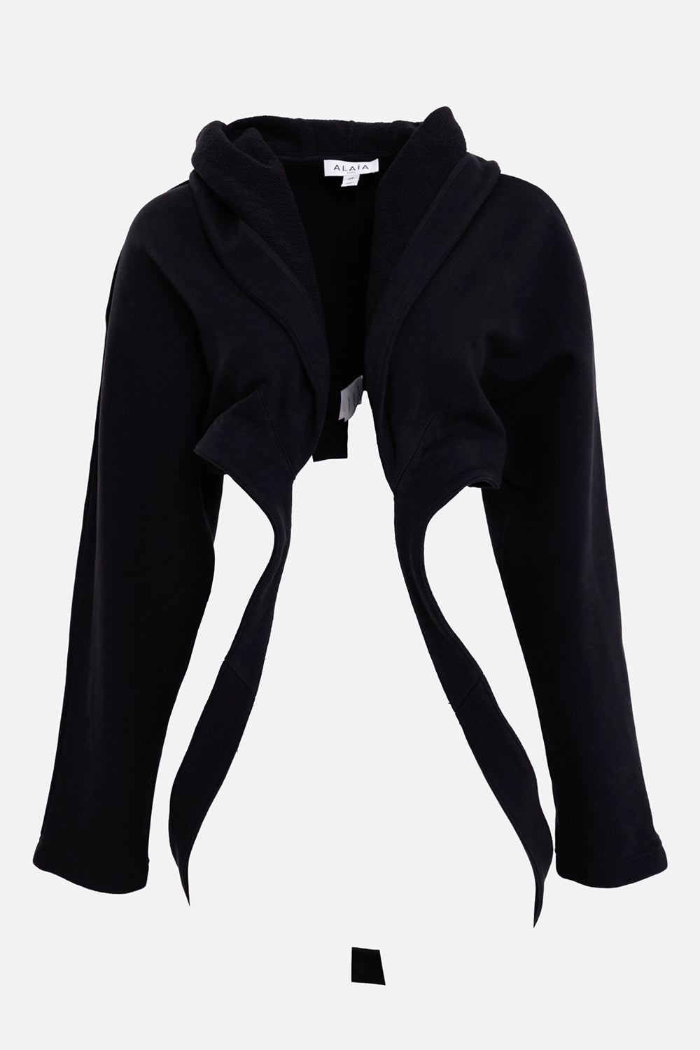 Alaïa women's cropped wraparound hoodie in black, front view, open wraparound panels and slouchy hood