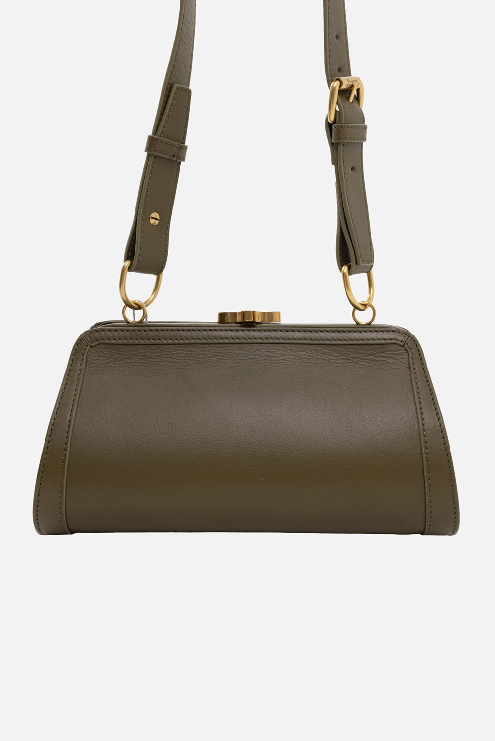 Vivienne Westwood women's cross frame bag in khaki, front view, full-length adjustable strap with buckle