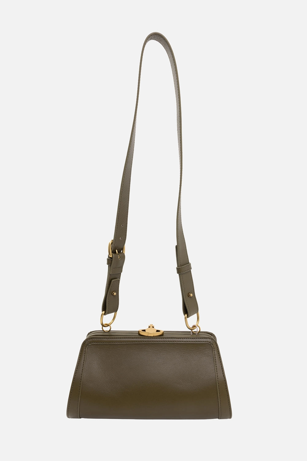 Vivienne Westwood women's cross frame bag in khaki, front view, rectangular frame shape with gold Orb clasp