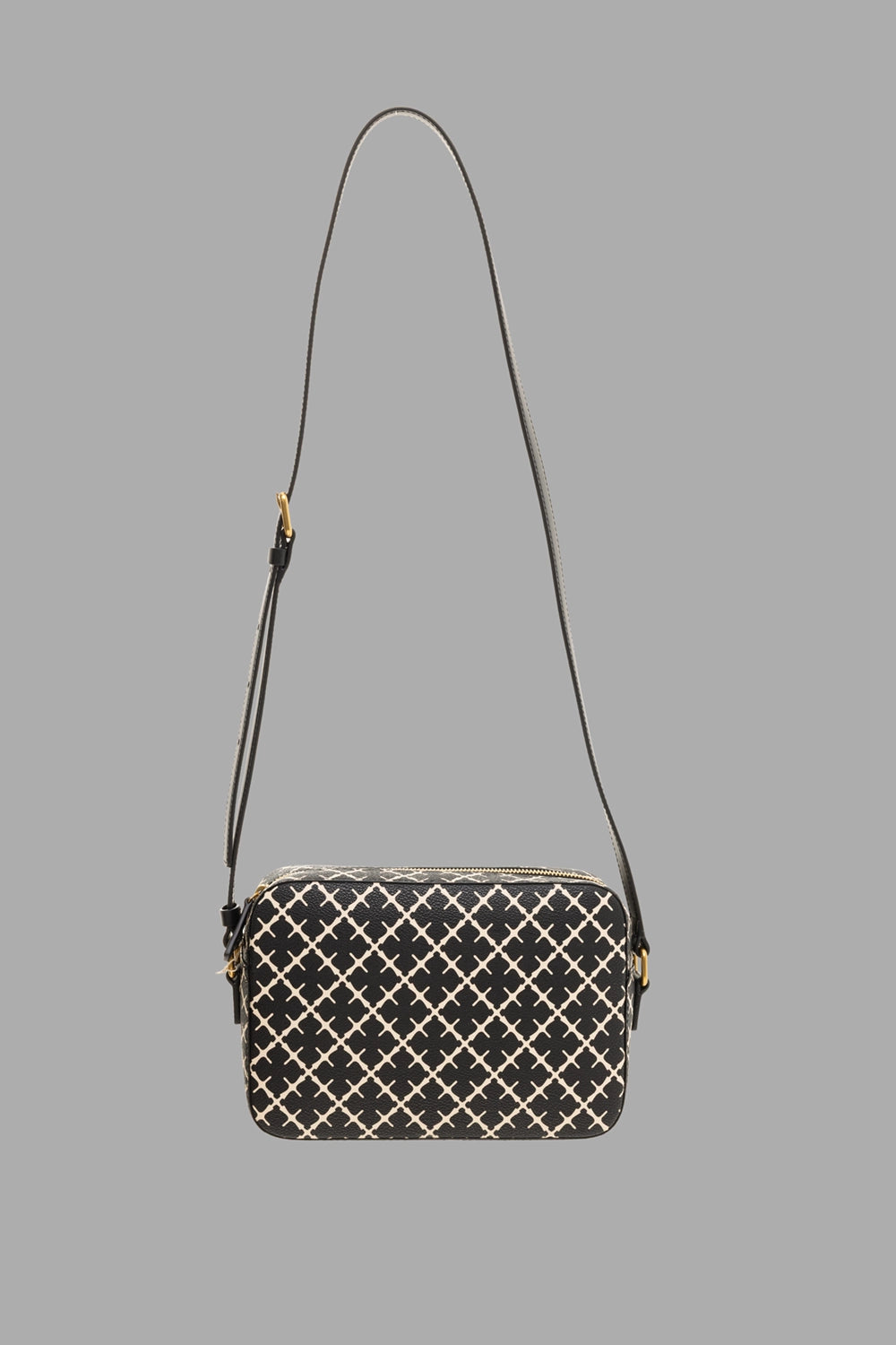 By Malene Birger women's crossbody bag in black, front view, Signature Flower monogram and gold zip