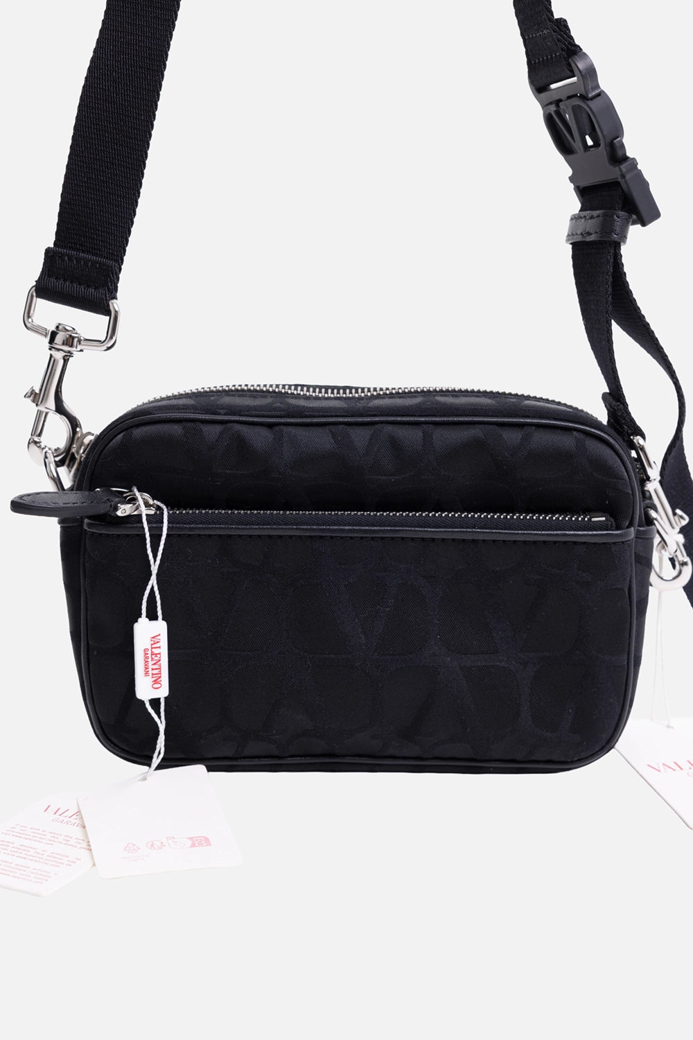 Pre-owned Valentino Garavani men’s crossbody bag in black, front view, top zip and front zip pocket