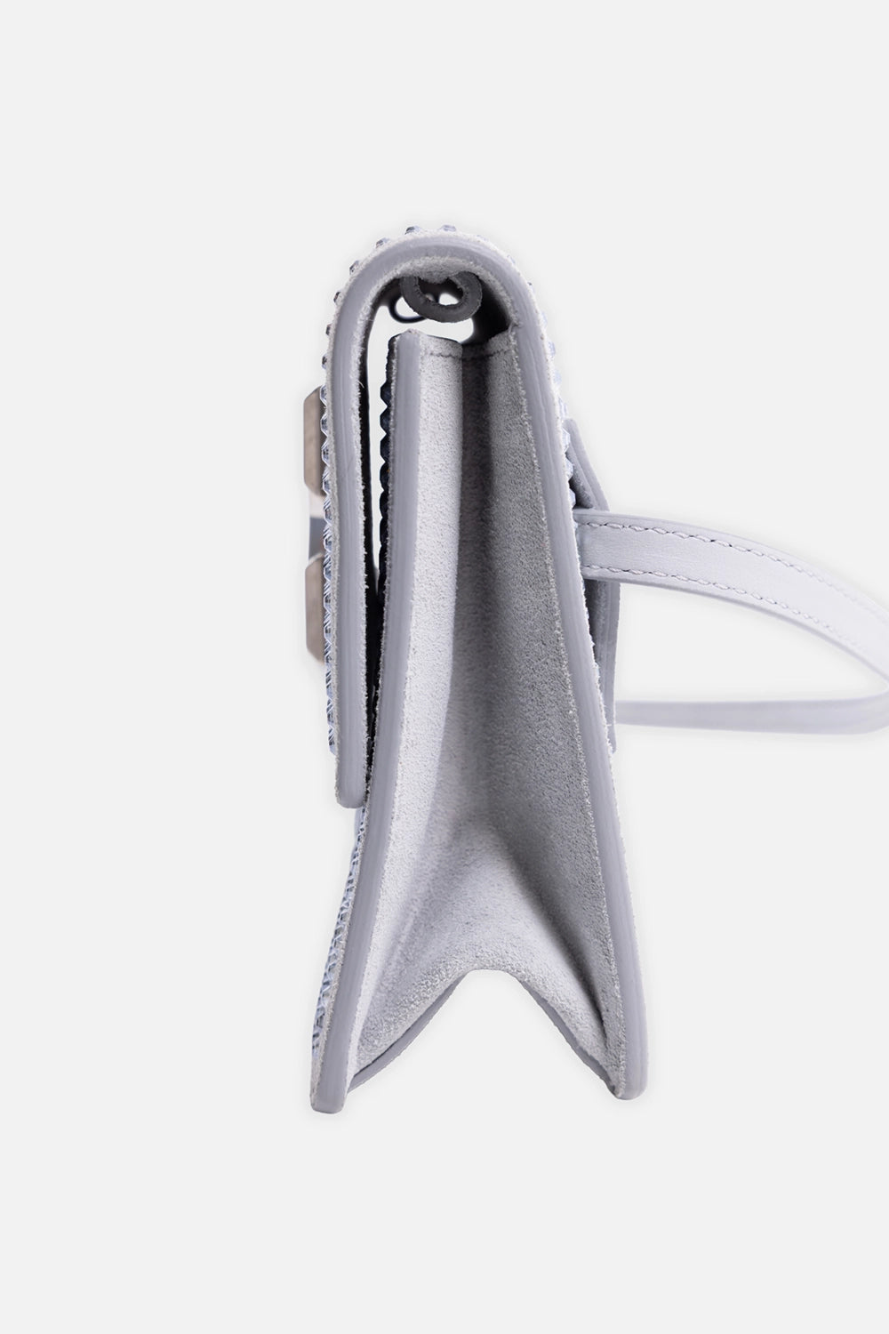 Pre-owned Off-White women's crossbody bag in grey, side view, suede gusset profile with crystal edging