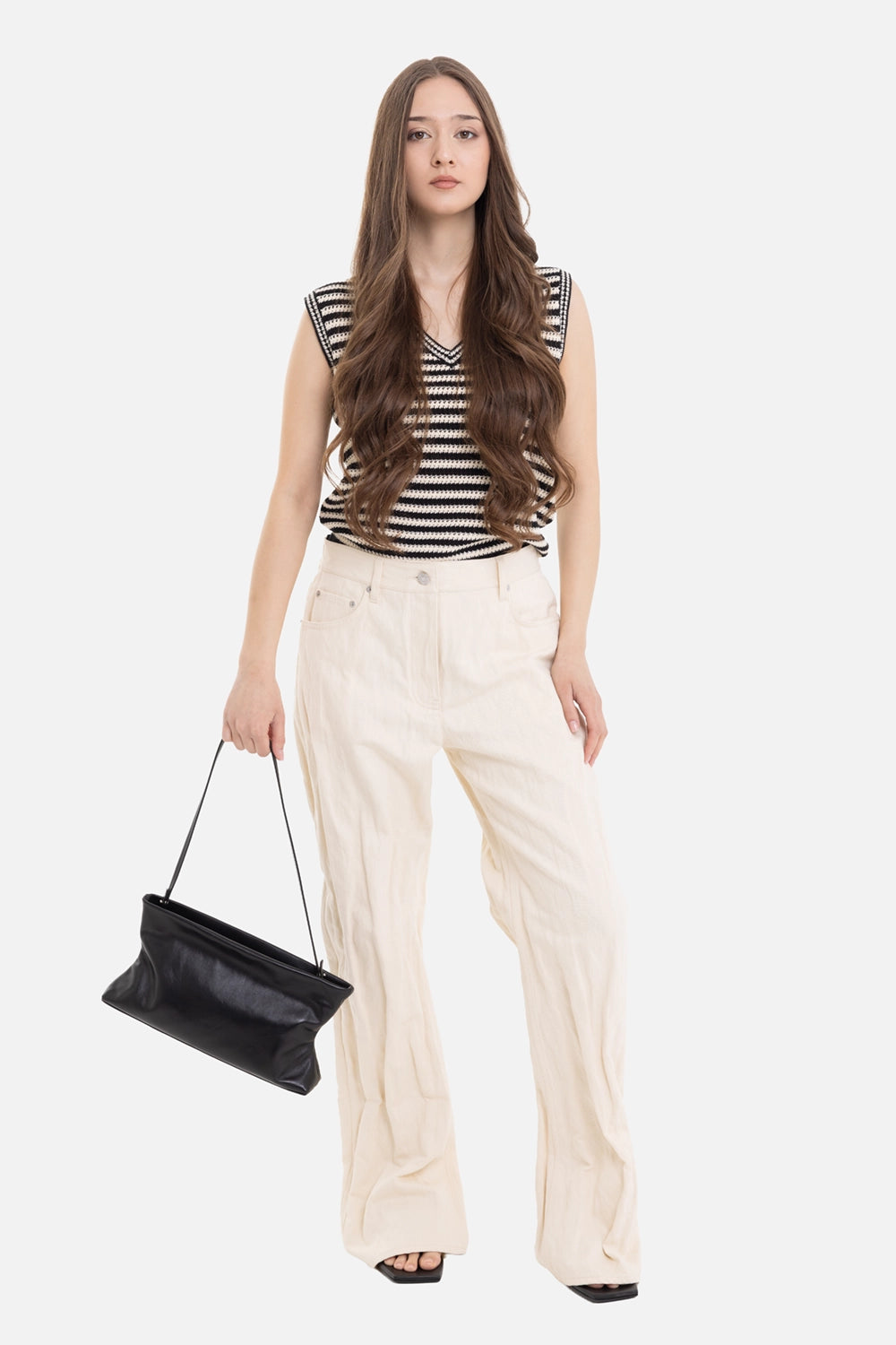 Helmut Lang women's bootcut jeans in Almond, on-model full-length view with high waist and flared hems