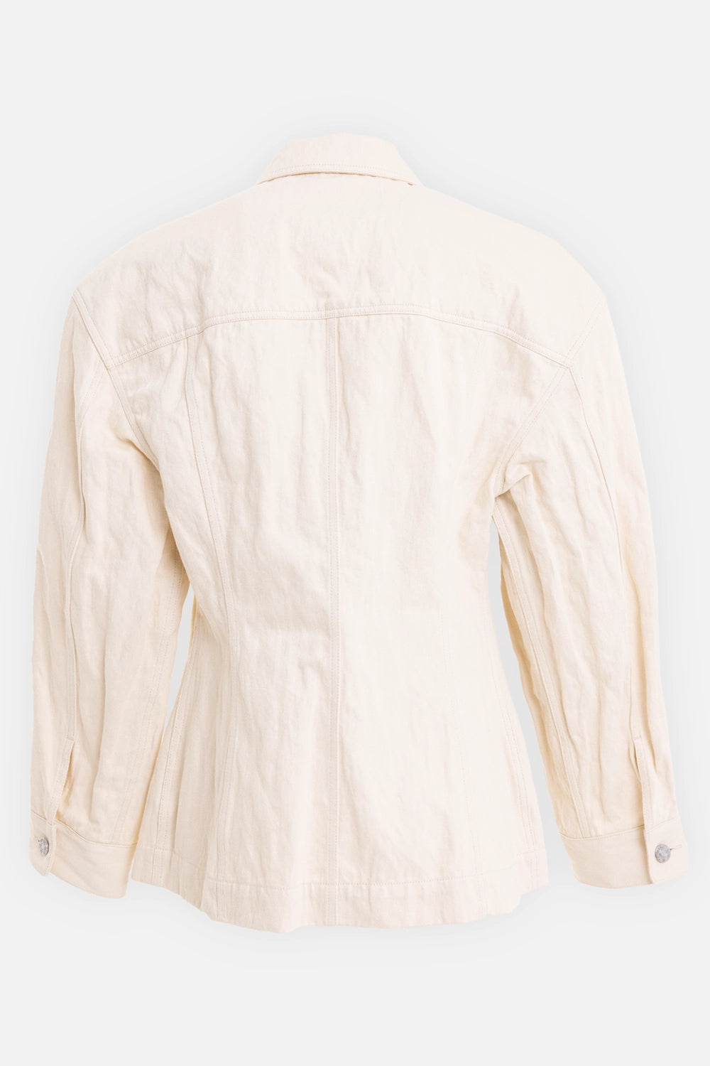 Helmut Lang women's crushed trucker jacket in muslin, back view with yoke seam and vertical panel stitching