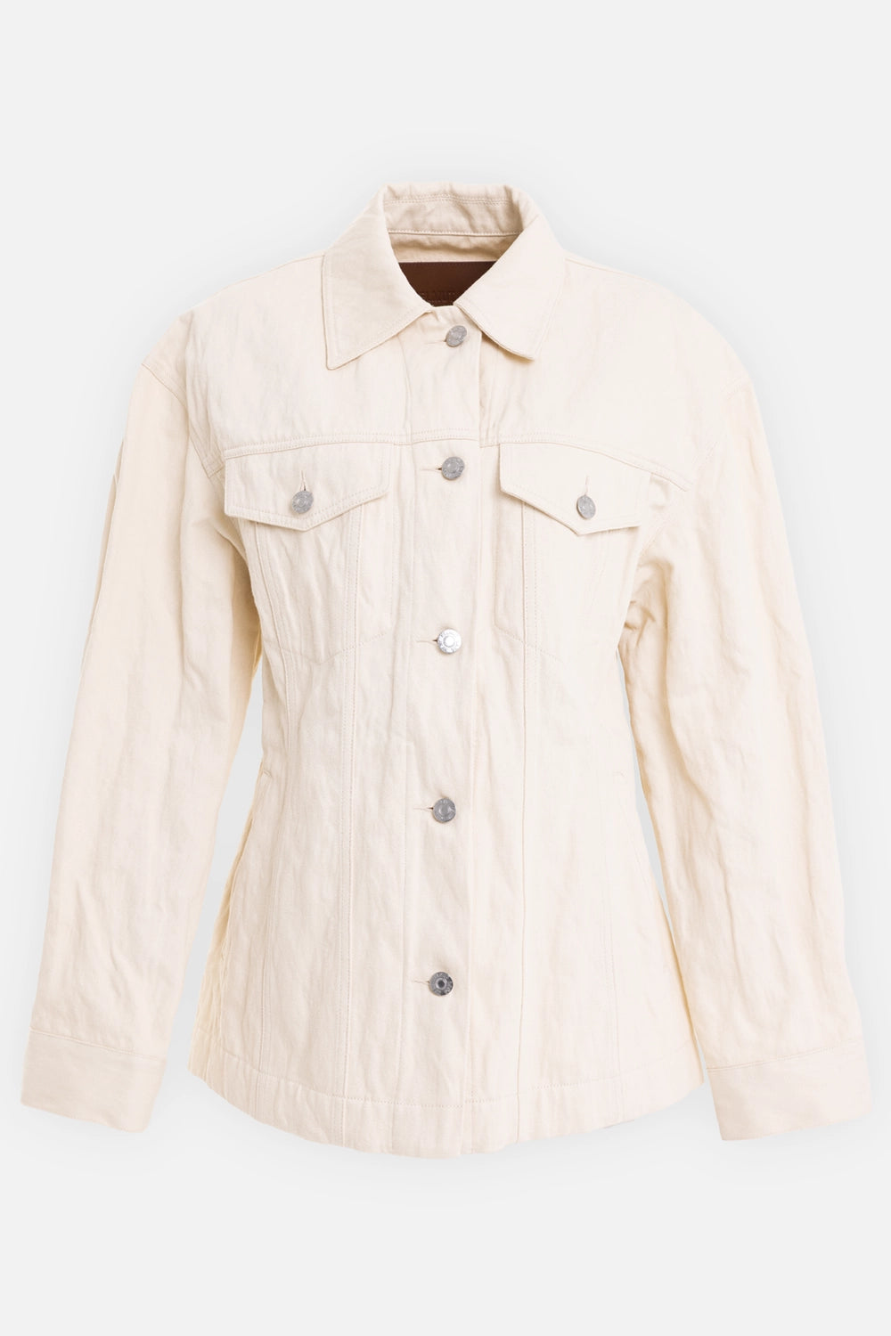 Helmut Lang women's crushed trucker jacket in muslin, front view with silver buttons and flap chest pockets