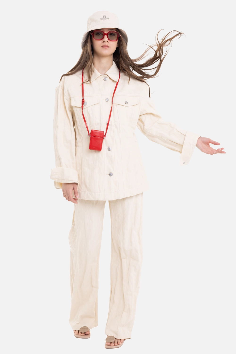 Helmut Lang women's crushed trucker jacket in muslin, on-model full-length with wide cuffs and flap pockets