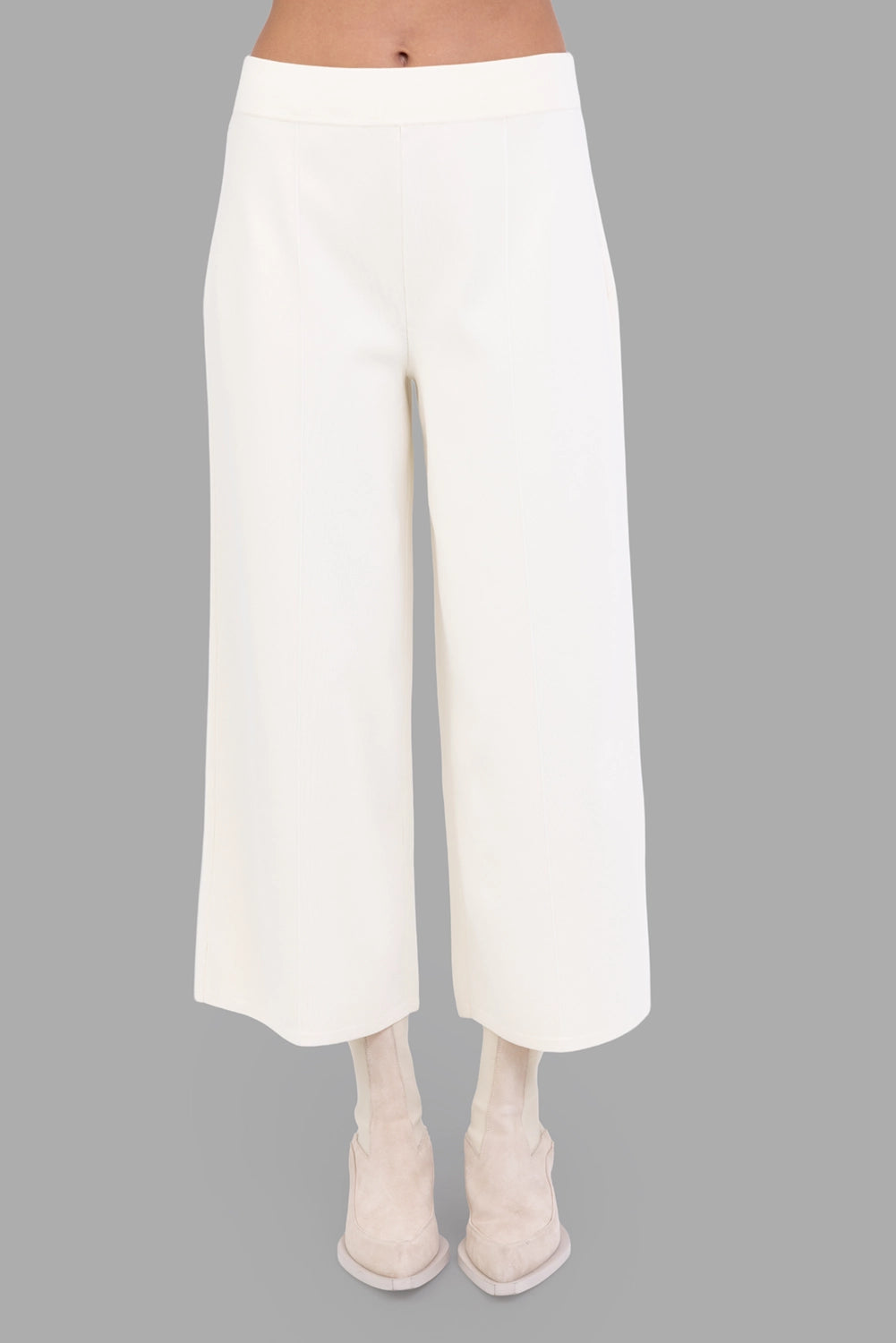 Joseph women’s culottes in ivory, front view, central front seam and smooth pull-on waistband