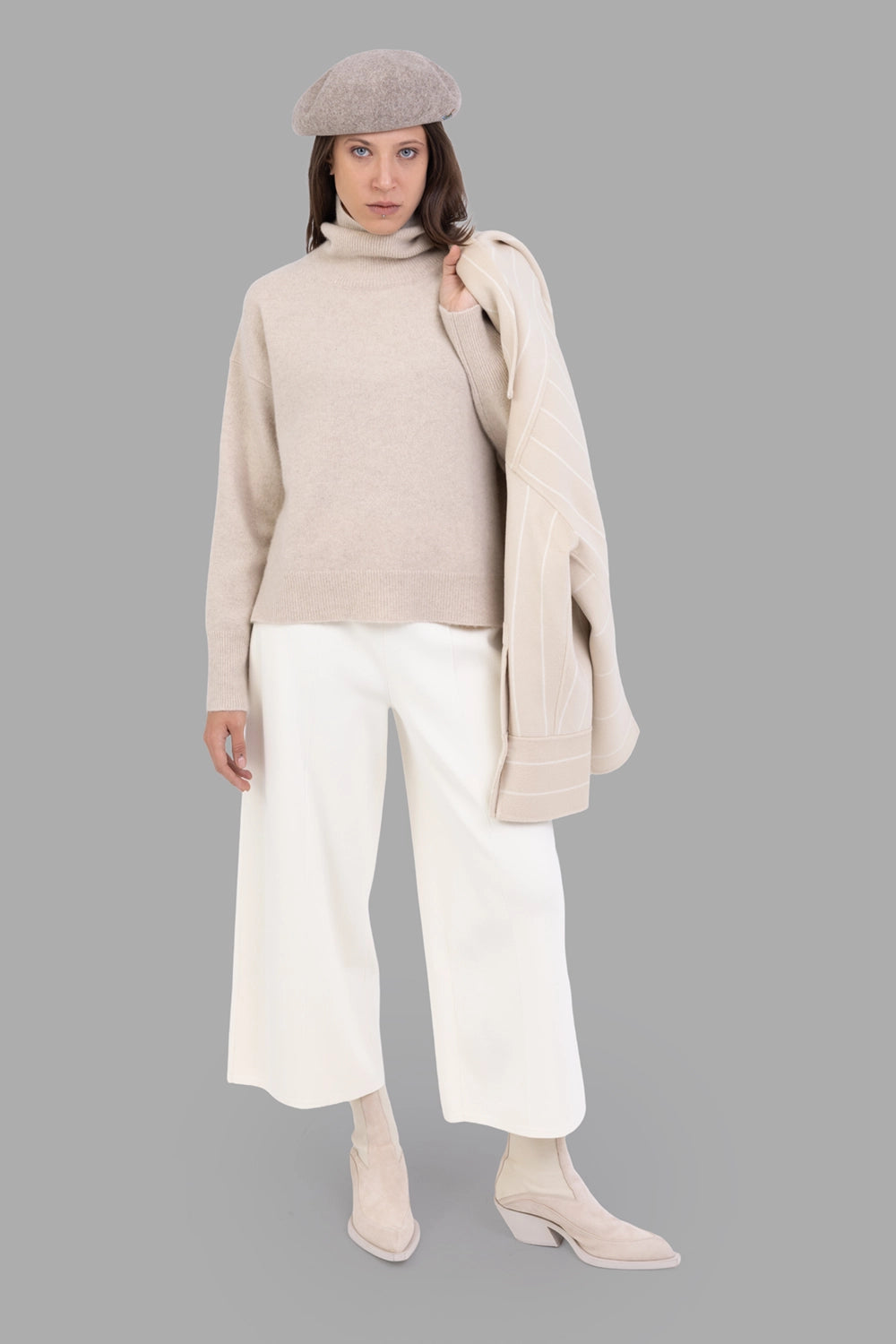 Joseph women’s culottes in ivory, on-model full length, cropped wide legs and elasticated waistband