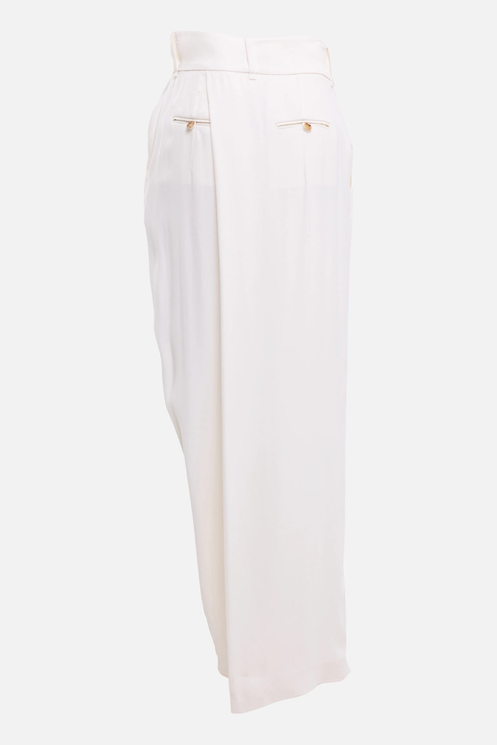 Plus Zero women's cut-out wrap trousers in ivory, back view, welt pockets with gold-tone buttons