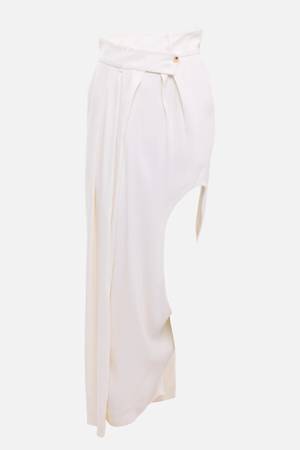 Plus Zero women's cut-out wrap trousers in ivory, front view, extended waistband and curved side cut-out