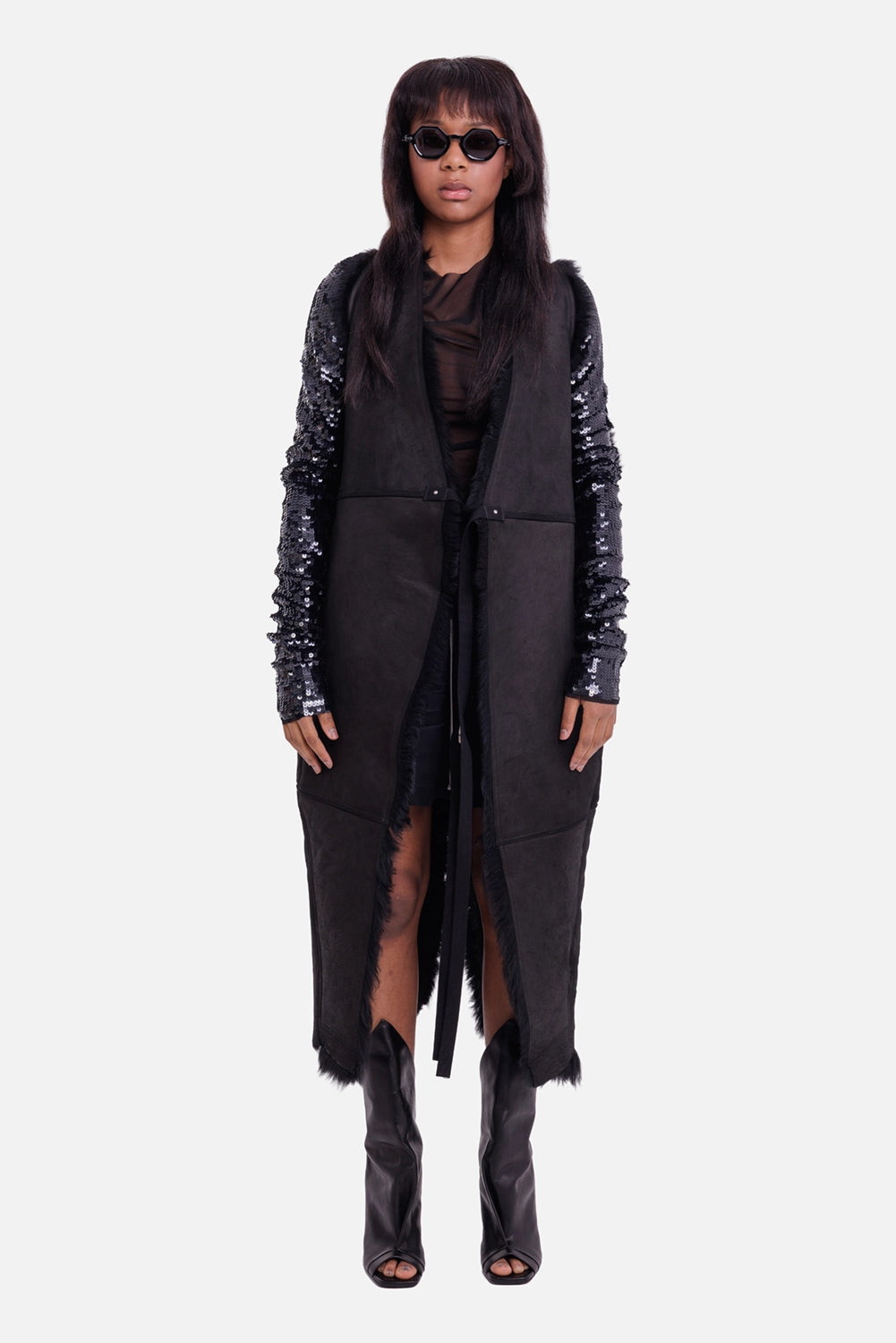 Rick Owens women’s Cyclops coat in black, full-length view with wrap front, shearling trim and long sleeves