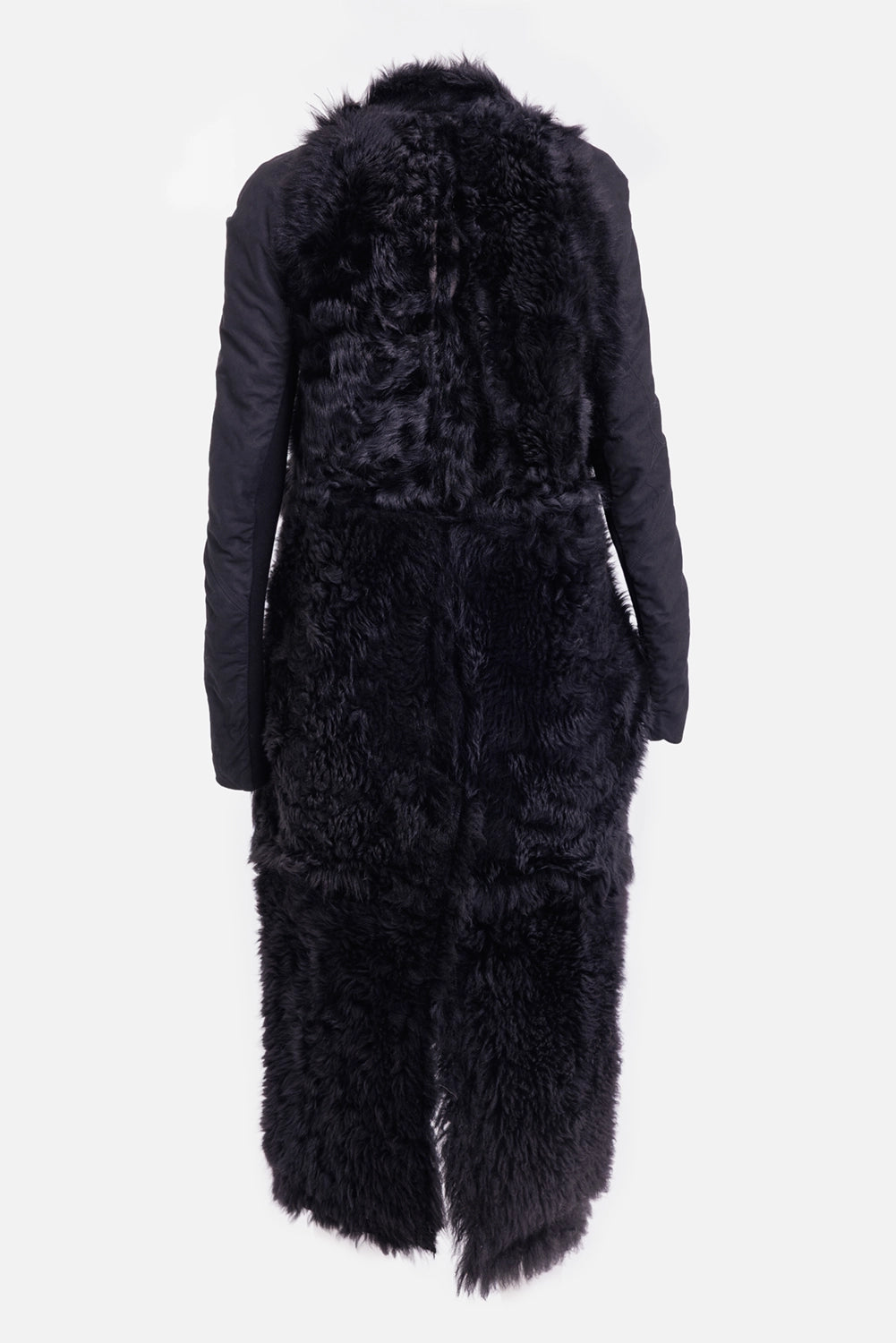 Rick Owens women’s Cyclops coat in black, reverse back view with full long-haired shearling body and slim sleeves