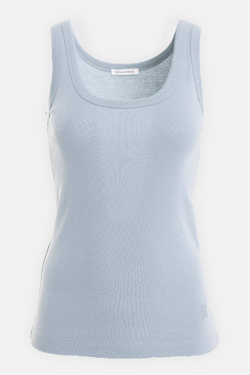 By Malene Birger women's Dali tank top in Arona Blue, front view with scoop neck and tonal hem monogram