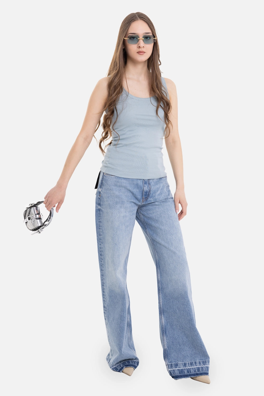 By Malene Birger women's Dali tank top in Arona Blue, on-model full-length with slim sleeveless fit