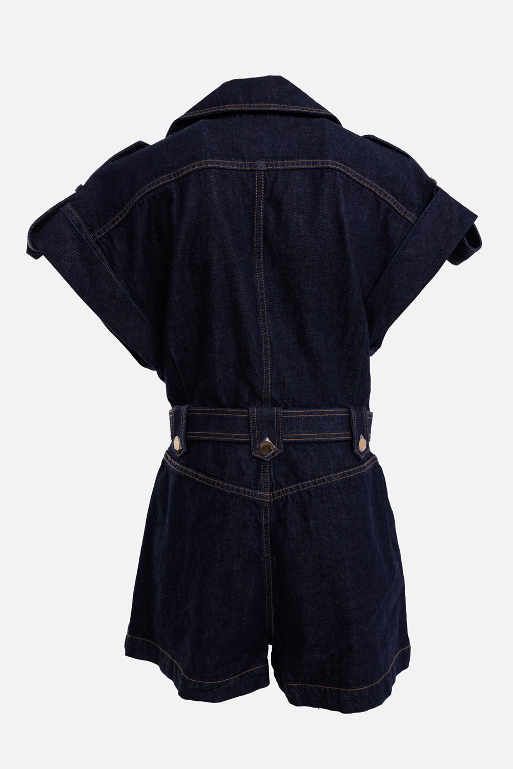 Zimmermann women's denim playsuit in Night Sky, back view, epaulettes, belt tabs and contrast stitching