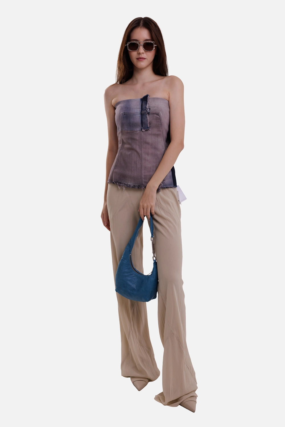 Rick Owens women's Rose Combo denim bustier, full-length view with strapless neckline and frayed hem