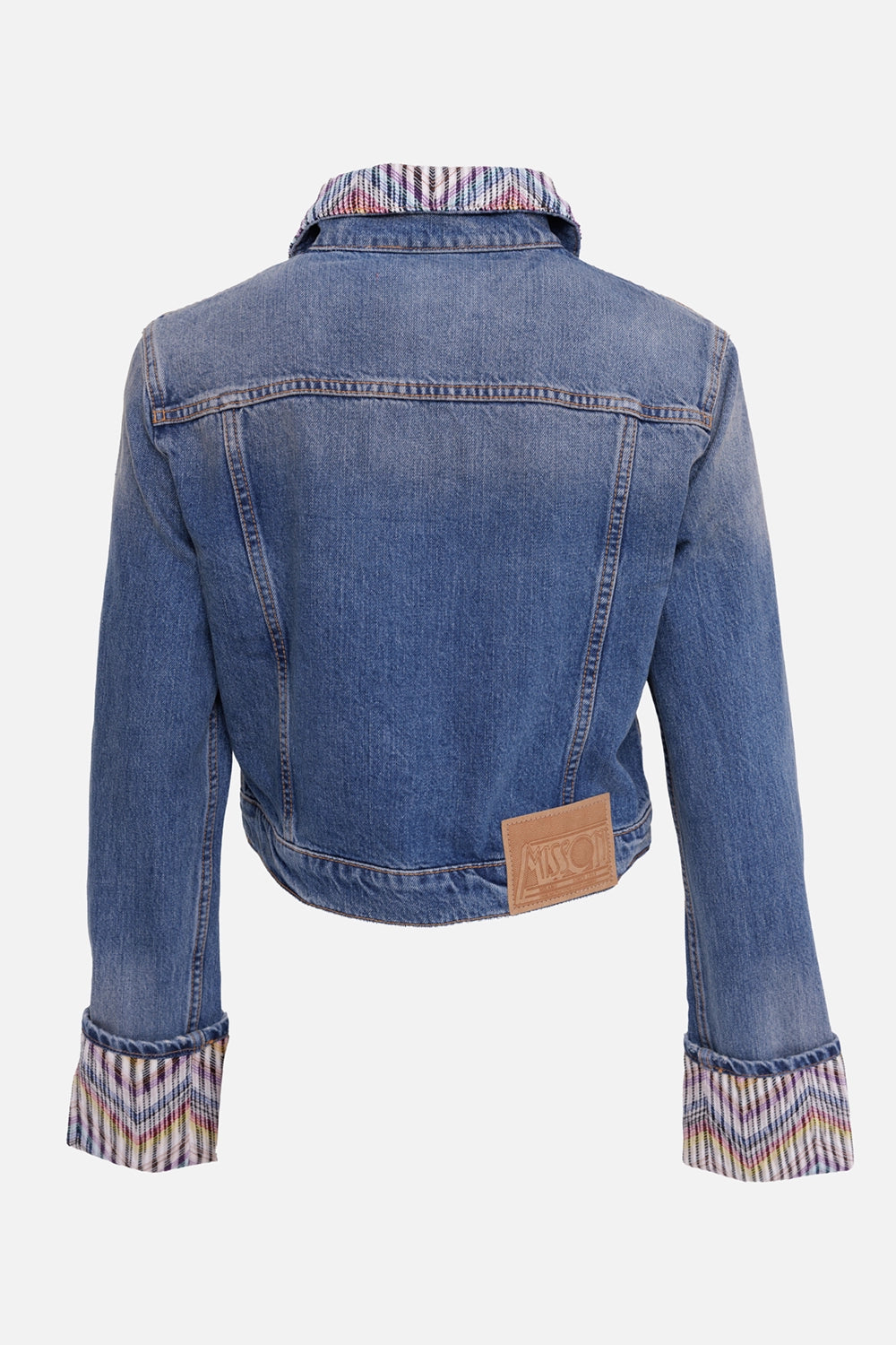 Missoni women's denim jacket in blue, back view, zigzag collar trim and tan logo patch