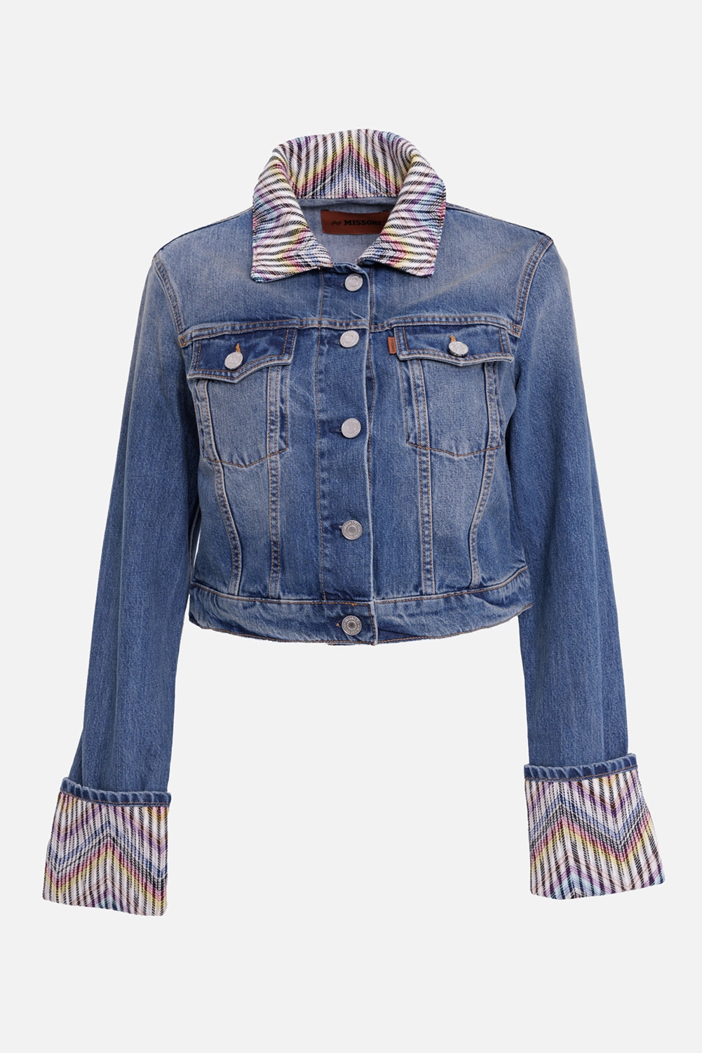 Missoni women's denim jacket in blue, front view, zigzag cuffs and silver-tone buttons
