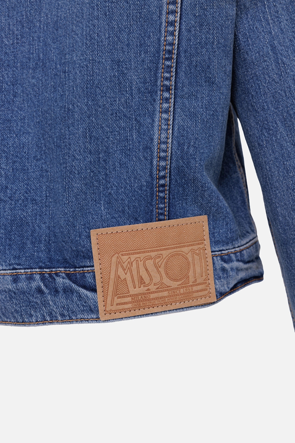 Missoni women's denim jacket in blue, label detail, multicolor zigzag collar lining