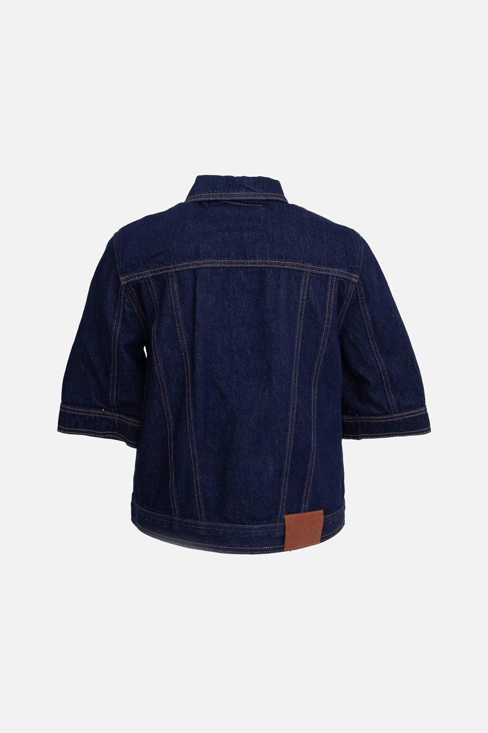 Zadig&Voltaire women’s denim jacket in brut, back view, panelled seams and leather wing patch at hem.