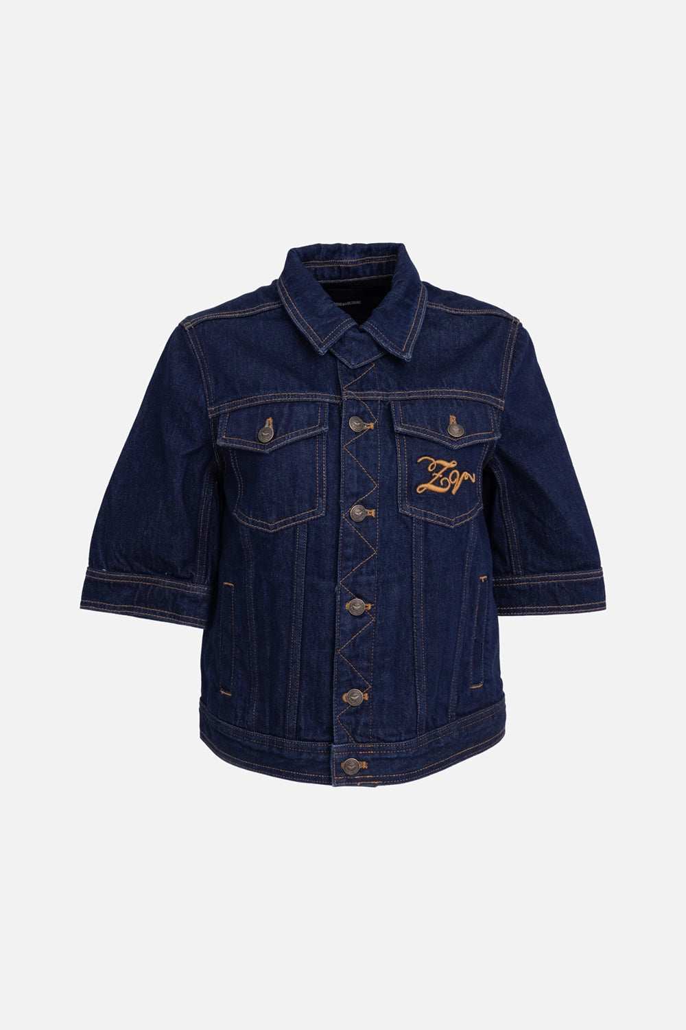 Zadig&Voltaire women’s denim jacket in brut, front view, zigzag stitched placket detail and flap chest pockets.