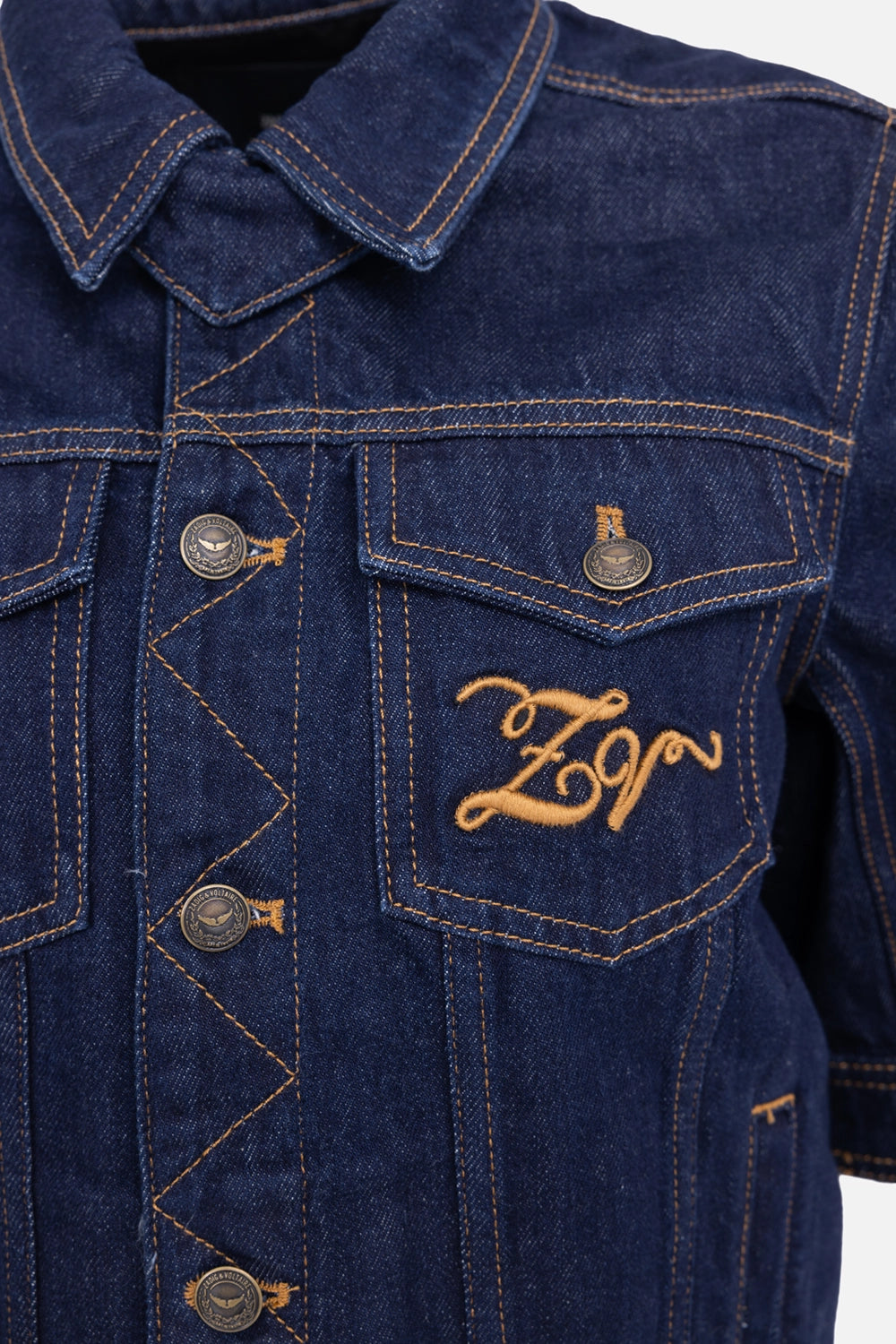 Zadig&Voltaire women’s denim jacket in brut, logo detail, embroidered script on chest pocket and metal buttons.