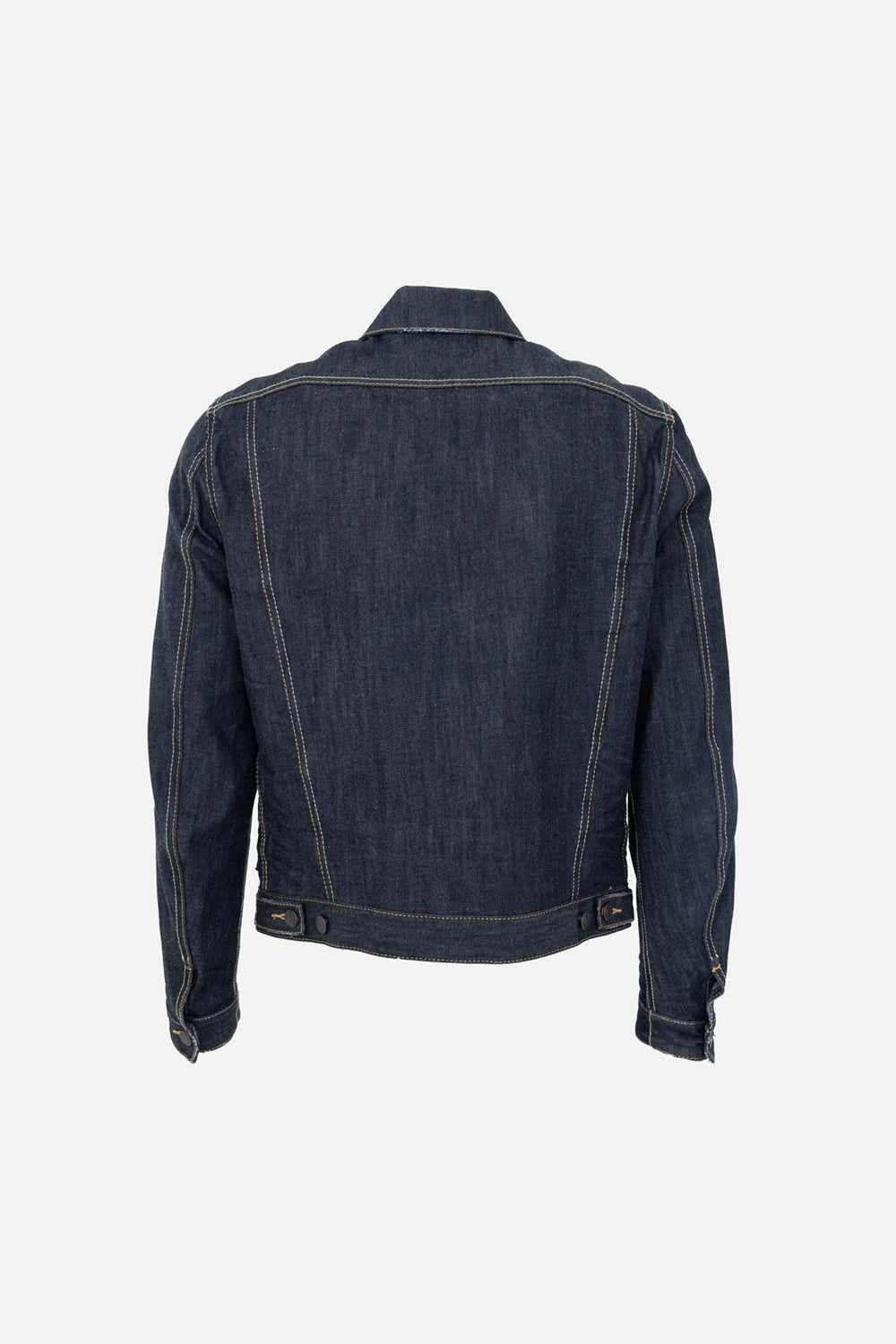 Pre-owned Dsquared2 men's denim jacket in indigo, back view, contrast topstitching